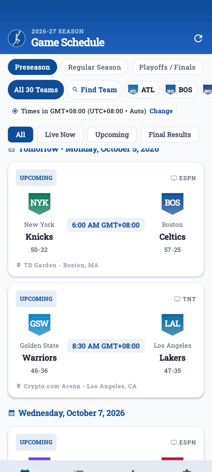 NBA schedule screen showing upcoming preseason matchups by date and team