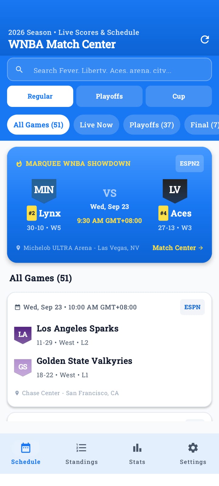 WNBA schedule screen with all games, live and upcoming filters